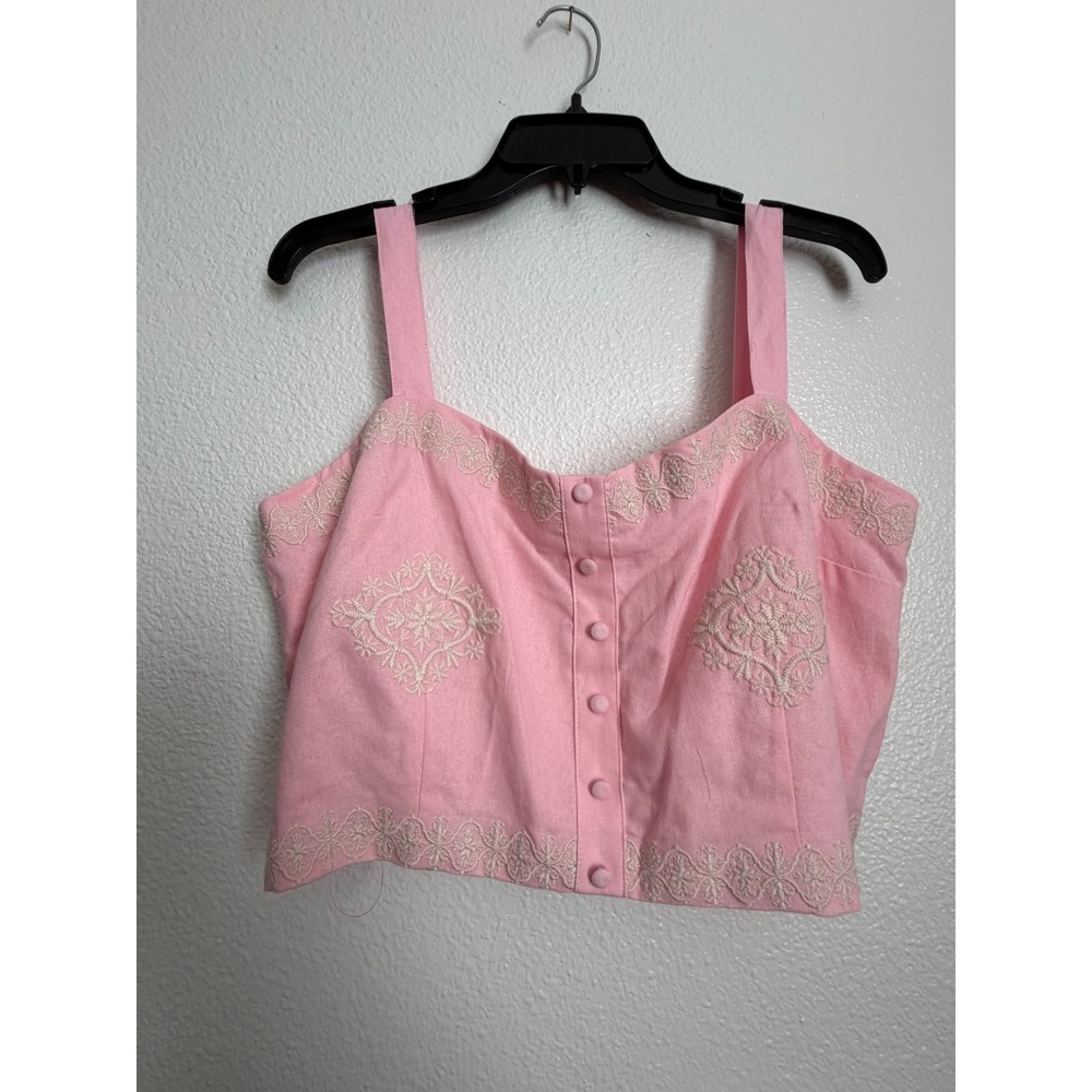 A Love A Crop Tank Top Womens XL Pink Embroidered Button Front Smocked Back NWT